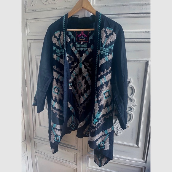 NWOT Johnny Was Linen Embroidered Aztec Kimono Black, Tan & Aqua - Picture 10 of 15
